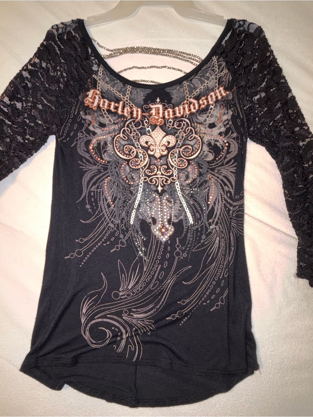 Harley-Davidson Black Lace-Sleeve Graphic Scoop Neck Top